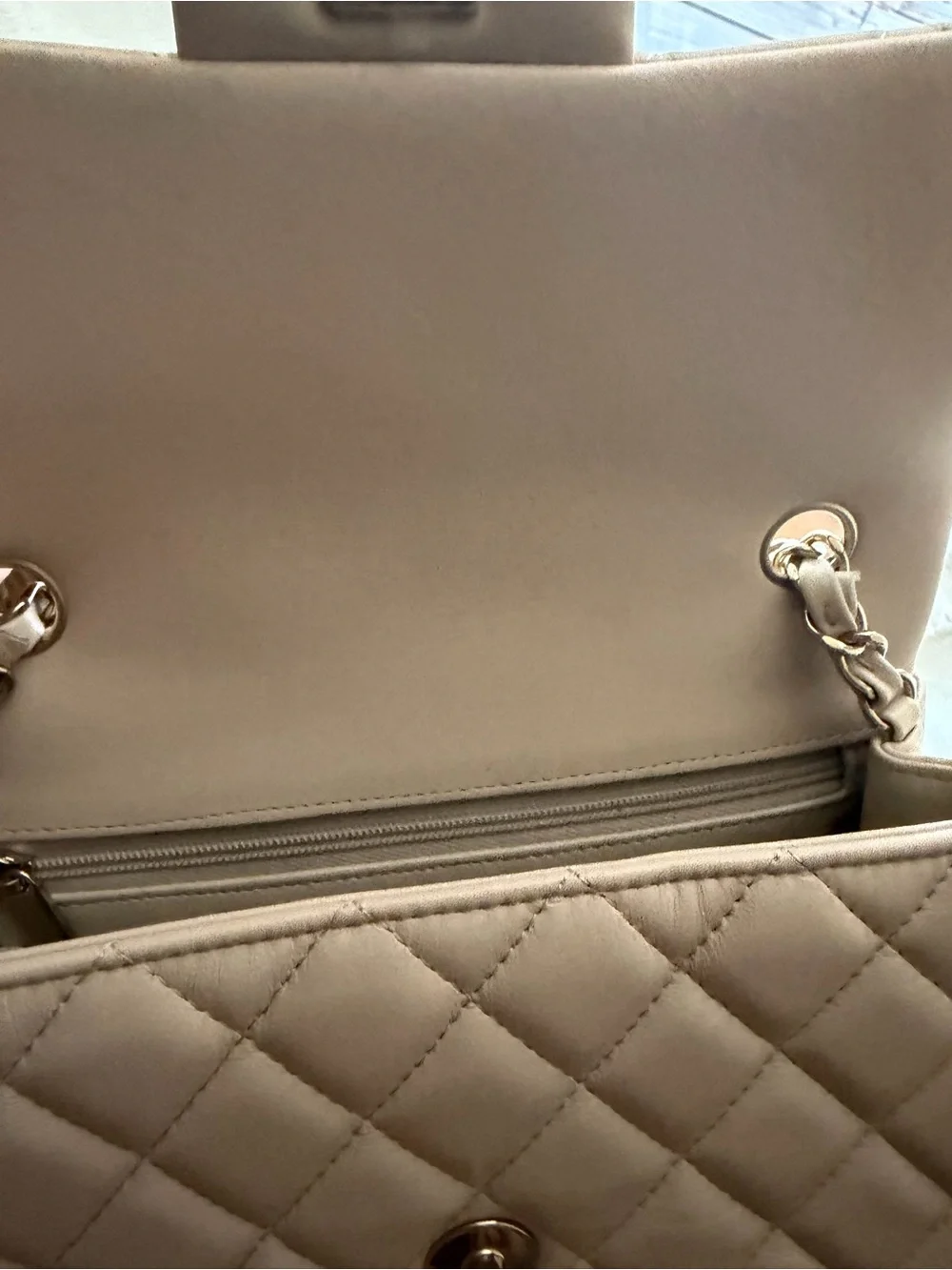 CHANEL Beige mini classic Quilted Small Flap Crossbody with Gold Chain